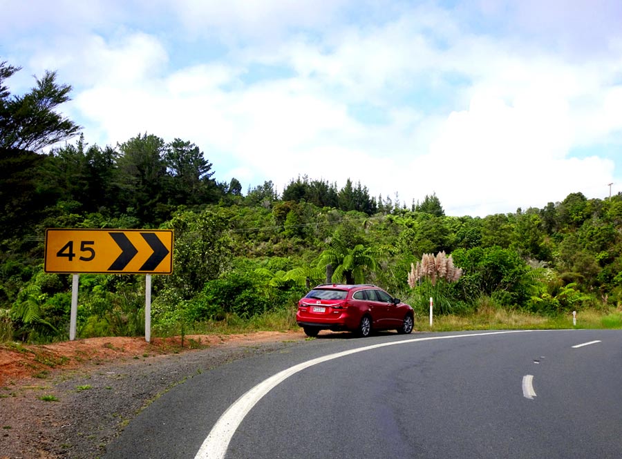 Autofahren Neuseeland Linksverkehr Tipps: Mietwagen am Strassenrand auf der kurvenreichen Nordinsel Neuseeland