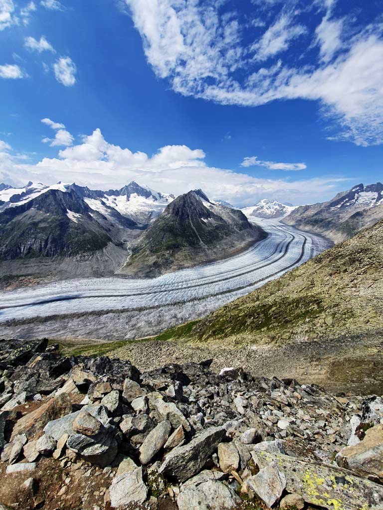 Ausblick auf den faszinierenden, geschwungenen Aletschgletscher grösster Gletscher der Alpen