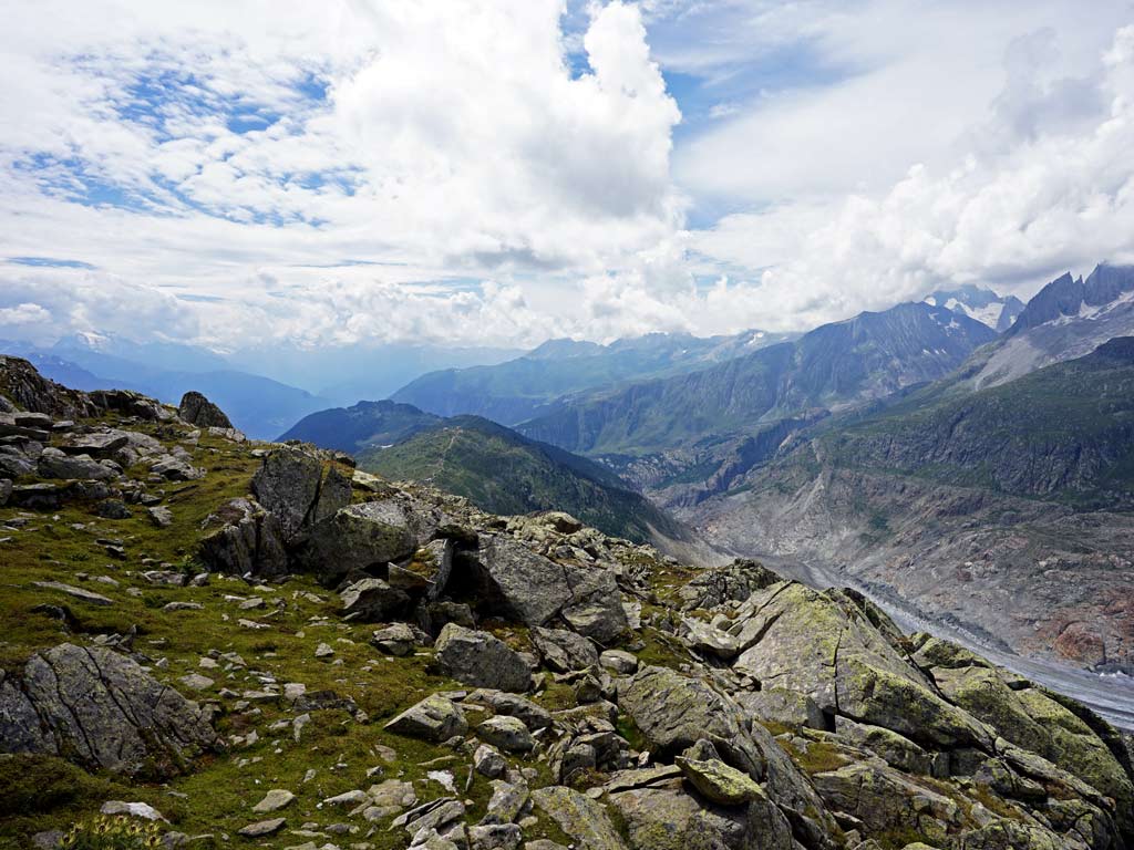 Ausblick vom Bettmerhorn Richtung Walliser Alpen und Moosfluh