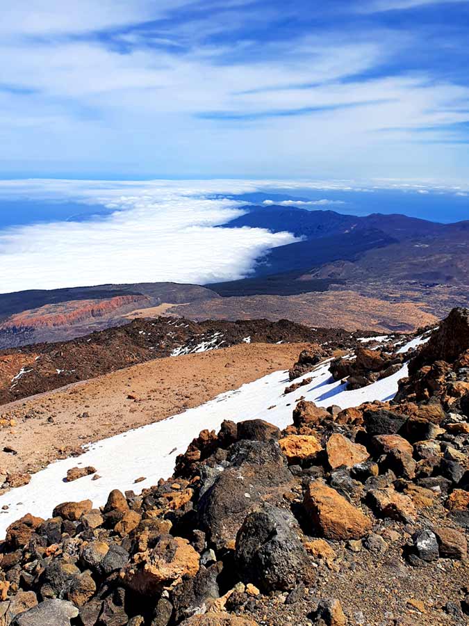 Teide Gipfel im Teide Nationalpark: Aussicht über den Nordosten Teneriffas, die Fortaleza und das Wolkenmeer