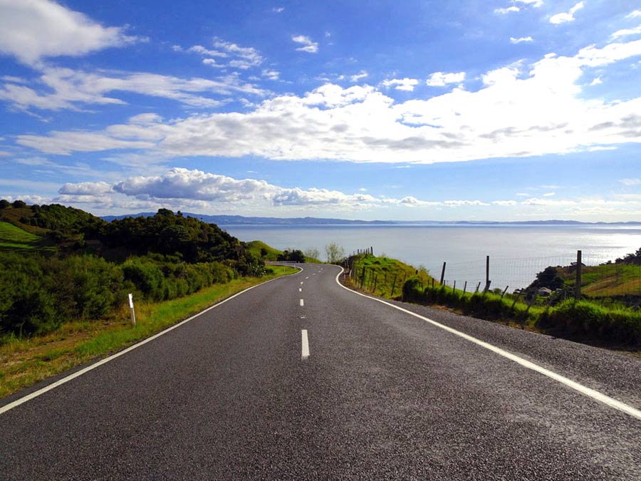 Autofahren Neuseeland Linksverkehr Tipps: Küstenstrasse mit Ausblick aufs Meer